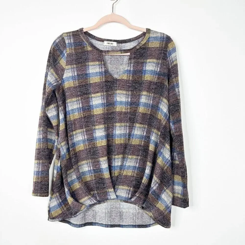 2/$30 First Love Plaid Pleated Cut-out Oversized Sweater M #A0241 TRB2